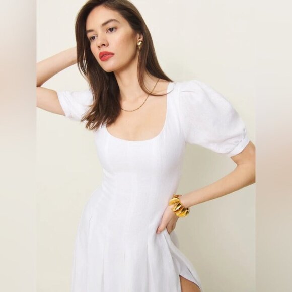NEW Reformation Coucou Midi Linen Dress Puff Sleeves White | size 4 - Picture 2 of 12